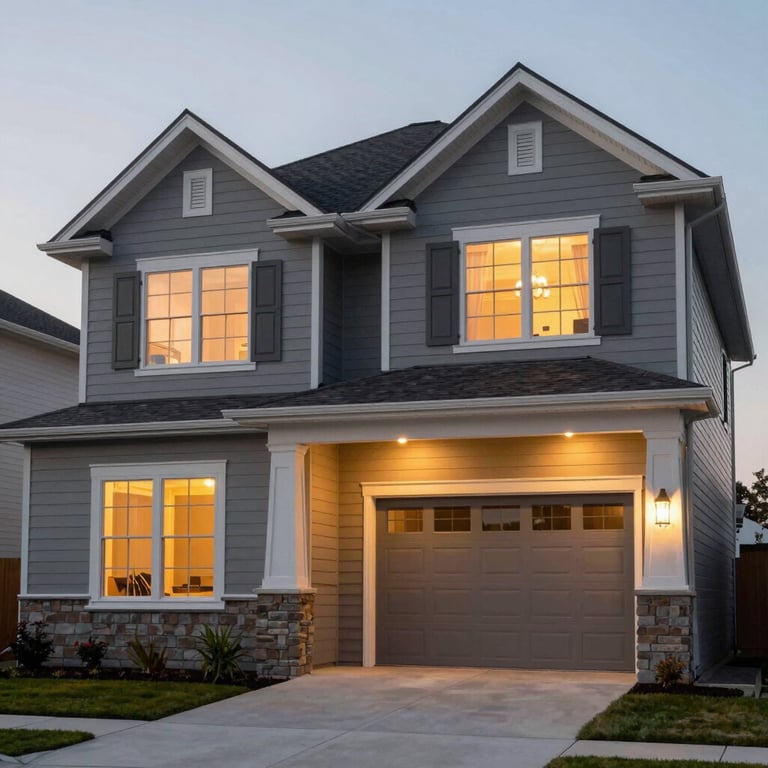 The exterior of a modern suburban home at dusk with warm lights in the windows, mist grey siding and a clean roofline.