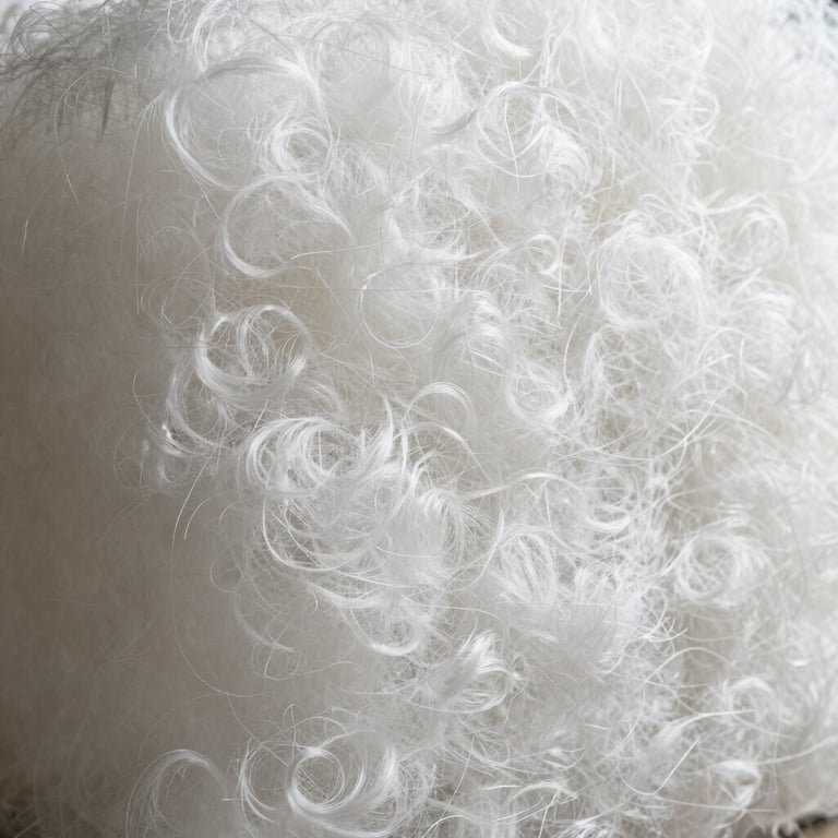 Detailed texture shot of white fiberglass insulation fibers, looking soft, clean, and dense, under studio-style lighting.