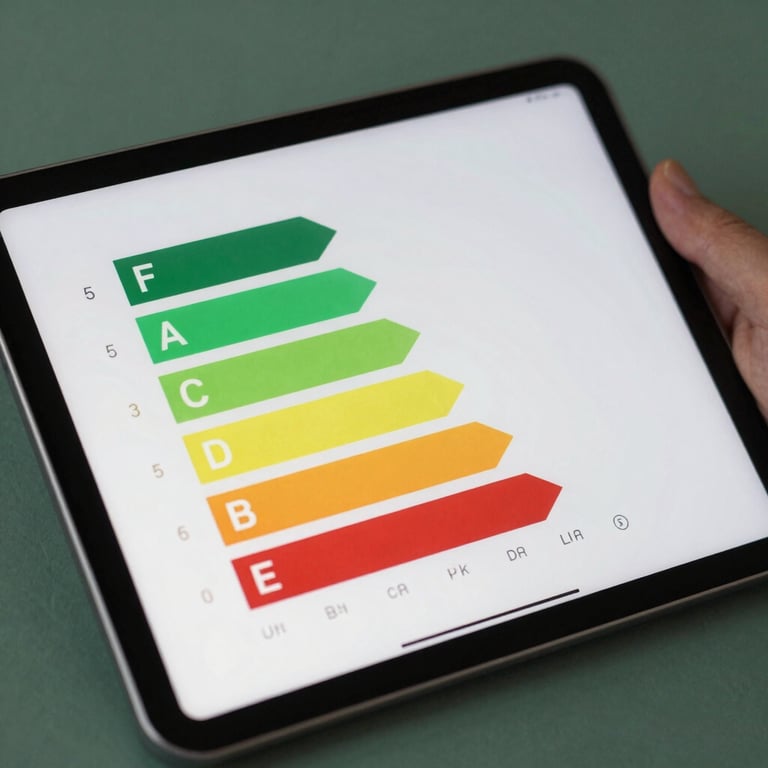 Close-up of a digital tablet showing a green energy efficiency chart against a muted sea green background.