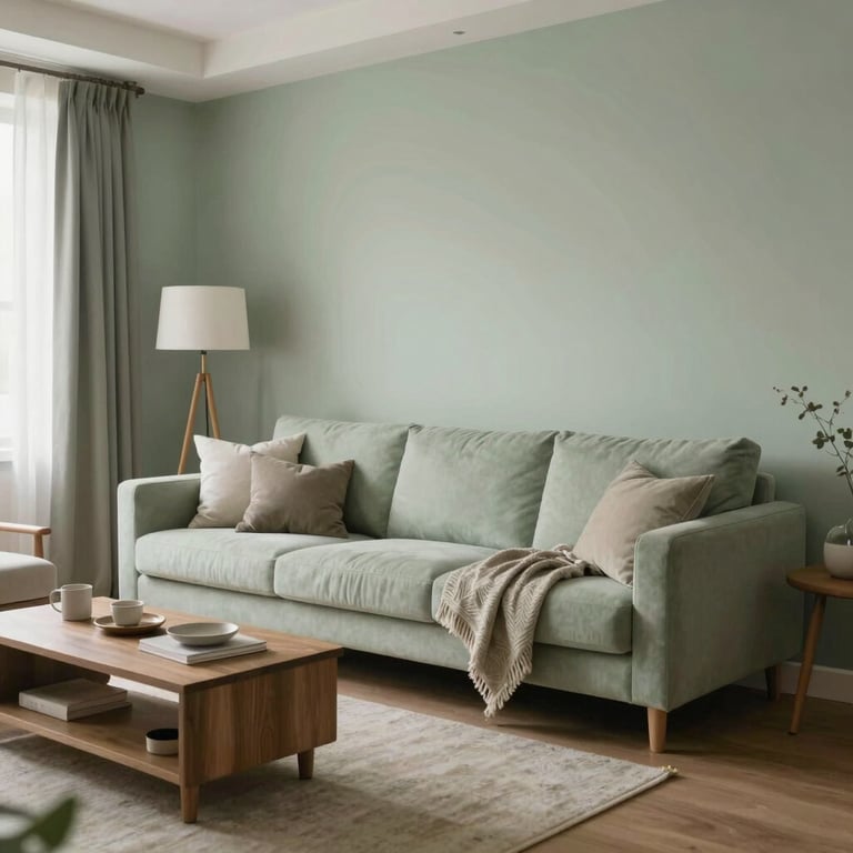 A cozy, modern living room interior with soft pale sage decor, suggesting a comfortable temperature-controlled home.