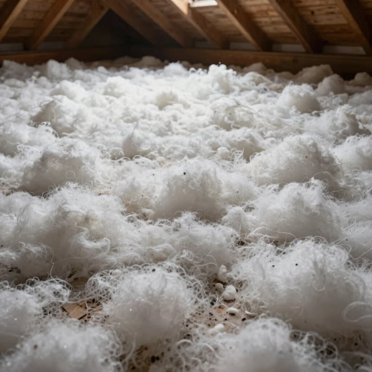 Wide angle shot of a pristine attic floor completely covered in a thick layer of white blown-in fiberglass insulation, soft lighting.