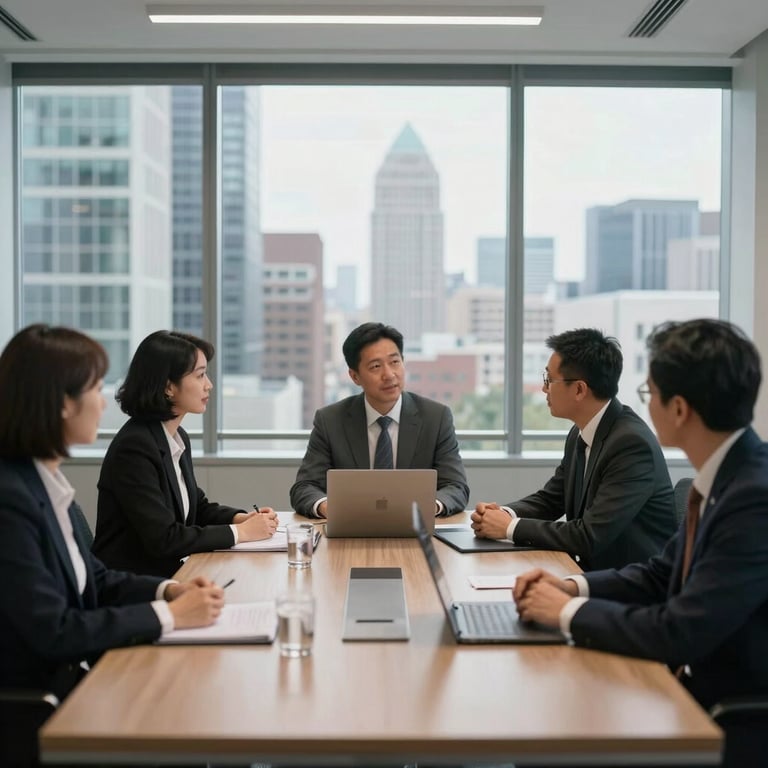 A collaborative meeting of professionals in a sleek, glass-walled North American office with a city view.