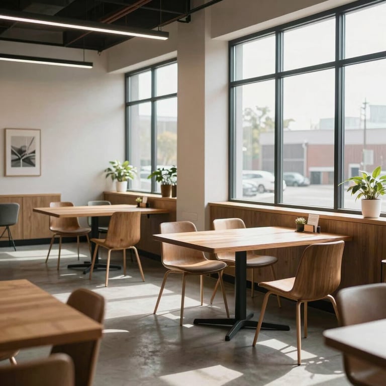 A bright, airy North American coworking space with modern wooden furniture and large windows looking outside.