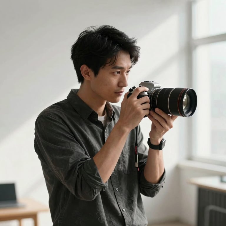 A focused professional working in a minimalist studio environment, soft natural light, and sophisticated mood.