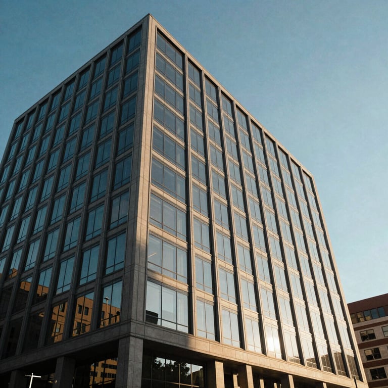 A low-angle shot of a modern North American corporate building reflecting a clear blue sky and morning sun.