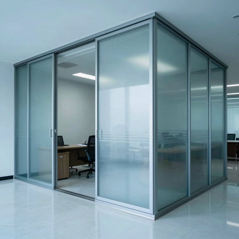 A polished office interior with architectural details in steel blue and pale blue tones, representing stability.