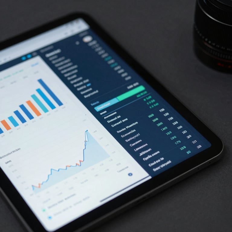 A close-up of a high-tech workspace with a tablet displaying data analytics in soft white and dark blue lighting.