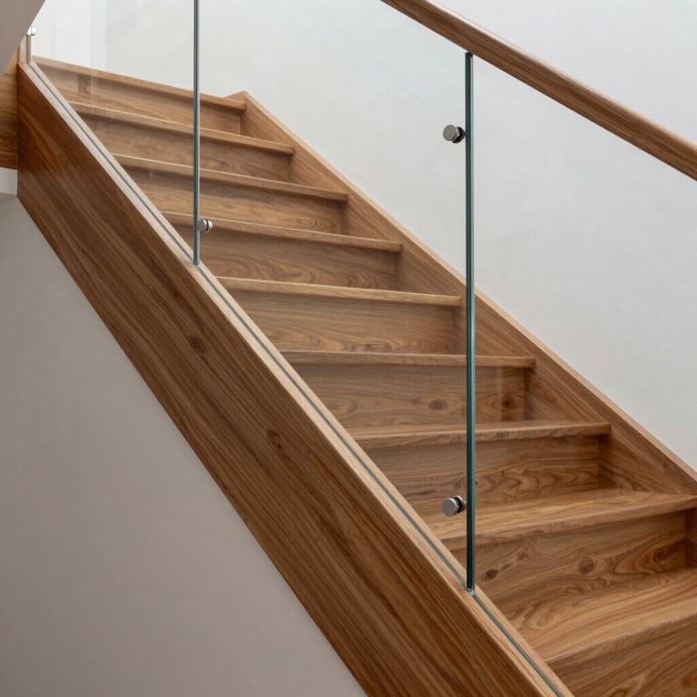 Detail shot of a perfectly finished hardwood staircase with glass balustrades in a contemporary Sydney home.