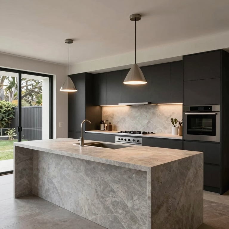 An open-plan Australian terrace house kitchen featuring dark charcoal cabinetry and light grey stone islands under warm pendant lighting.