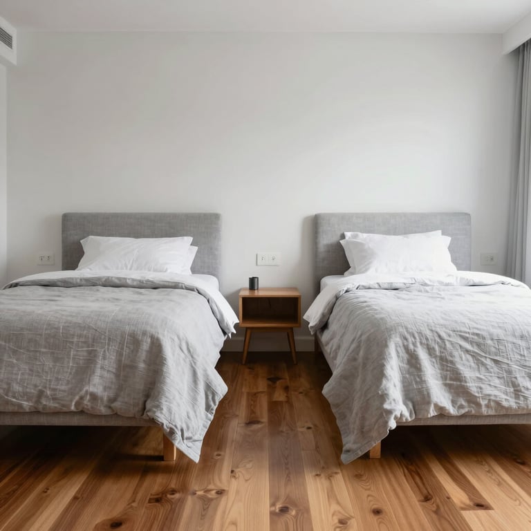 A bright and airy bedroom renovation with light grey linen textures and polished brown wood floors in a Sydney apartment.