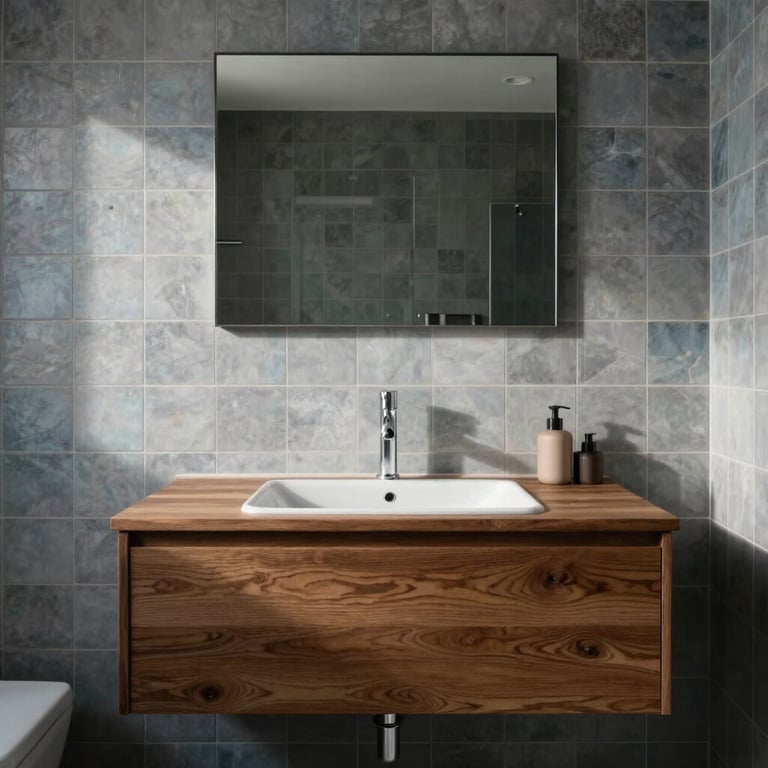 A modern Sydney bathroom renovation with blue grey wall tiles and a brown timber floating vanity. Soft morning light, professional architectural photography style.