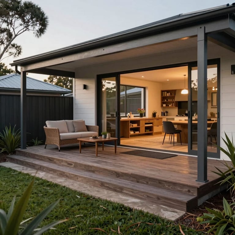 A custom-built outdoor deck and entertainment area in an Australian backyard, showing seamless indoor-outdoor transition.