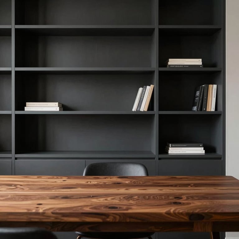 A minimalist home office renovation with bespoke charcoal shelving and warm brown wood desk surface, highlighting sophisticated design.