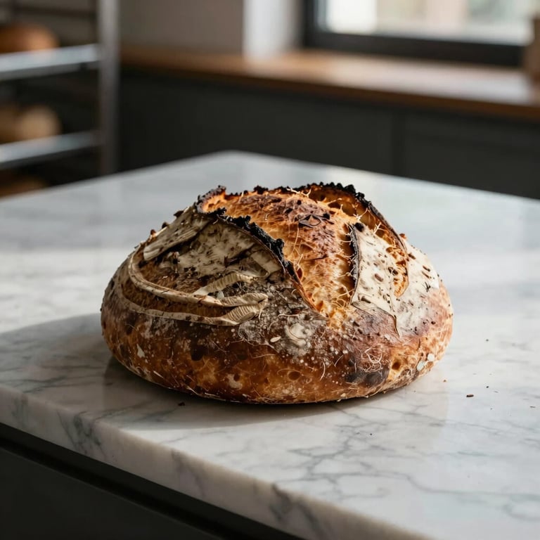 A rustic sourdough loaf on a marble counter in a North American / Western European bakery, soft morning light, professional photography.