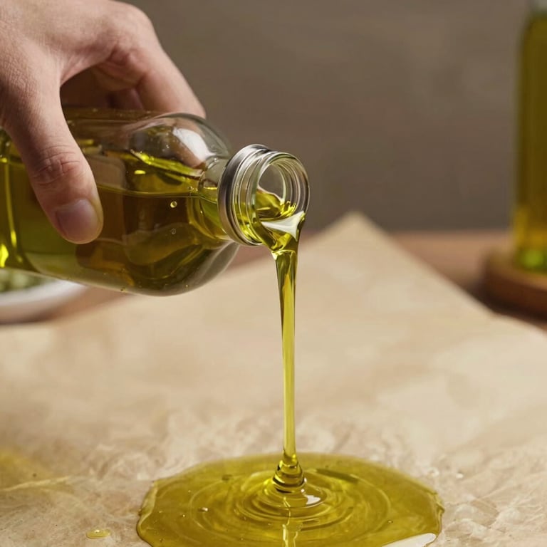 Close-up of hands pouring high-quality olive oil over a dish, warm lighting, crisp parchment background, high-end food style.