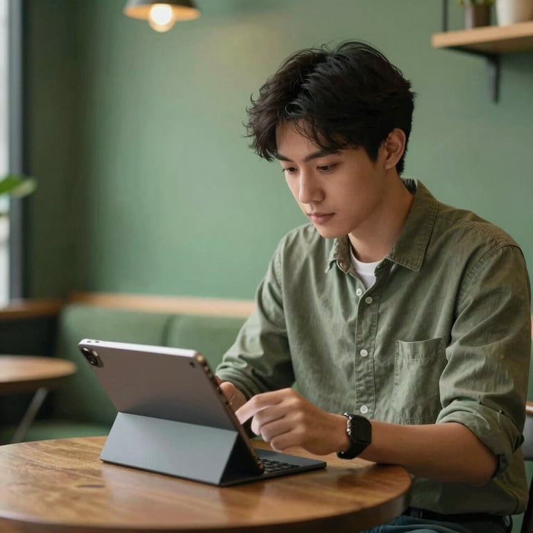 A content creator planning social media posts on a tablet in a cozy cafe in North America / Western Europe with matte forest green decor.
