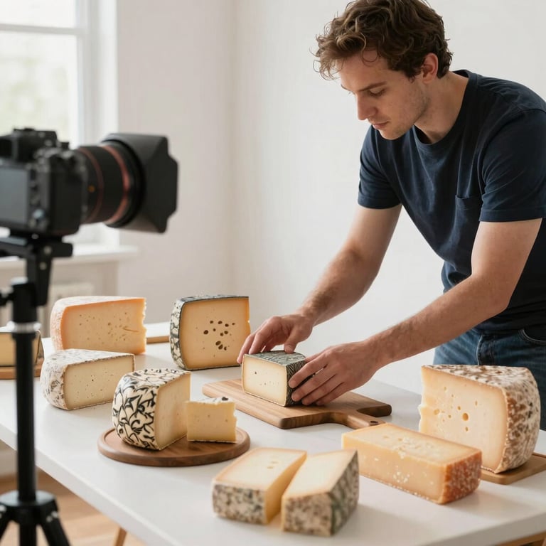Behind-the-scenes shot of a social media manager arranging a flat lay of artisanal cheeses in a bright North American / Western European studio.