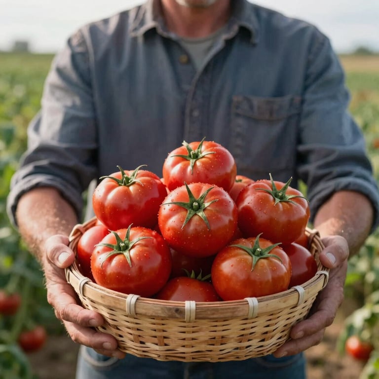 A local farmer holding a basket of fresh red tomatoes in a North American / Western European field, vibrant deep ripe crimson colors.