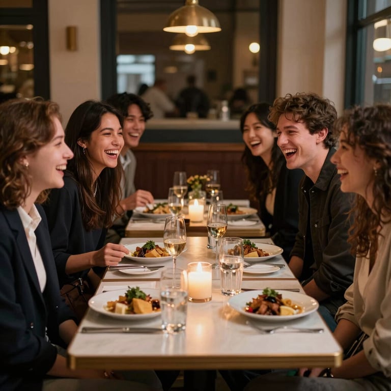 A group of friends laughing and sharing a meal at a candlelit table in a sophisticated North American / Western European bistro.