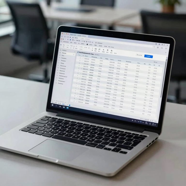 A sleek, modern laptop displaying spreadsheets on a desk in a Southeast Asian / Indonesian corporate office, featuring Midnight Navy tones.