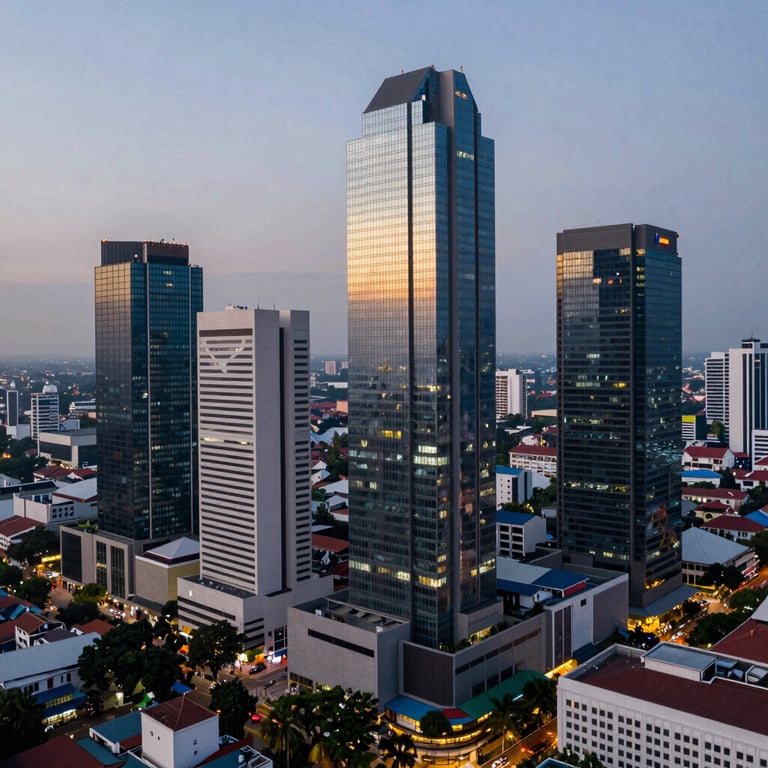 A high-angle shot of a Southeast Asian / Indonesian city skyline at dusk, reflecting a professional and stable business environment.