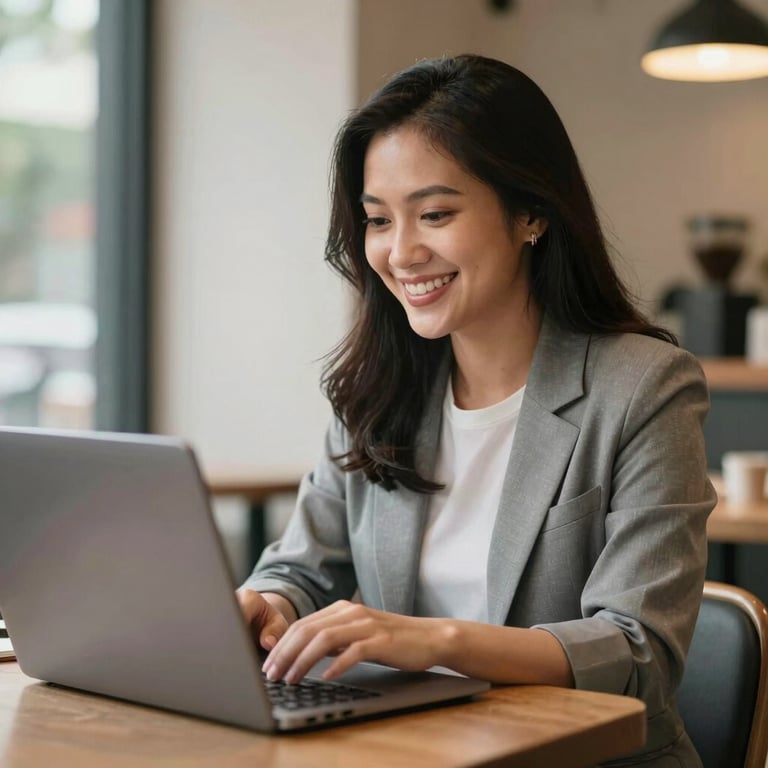 A professional Southeast Asian / Indonesian woman smiling while working on a laptop in a clean, modern cafe setting.