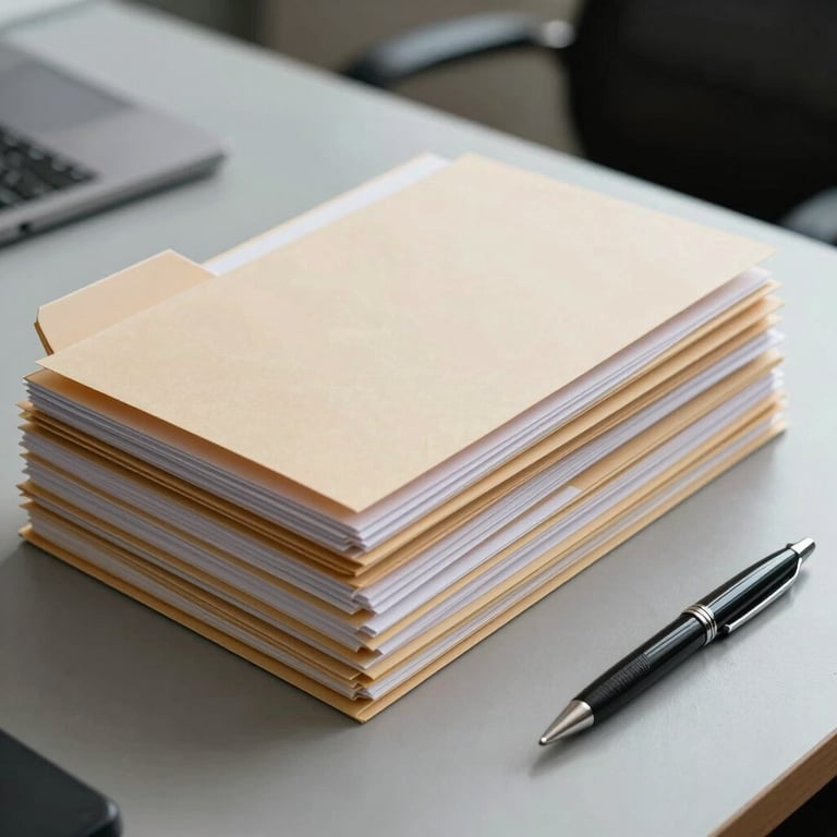 A stack of neatly organized tax folders and a professional pen on a Mist Grey desk in an Indonesian firm.