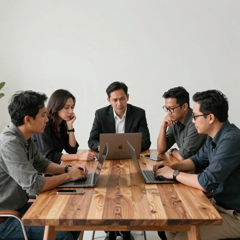 A group of diverse Southeast Asian / Indonesian professionals collaborating around a large wooden table in a well-lit studio.