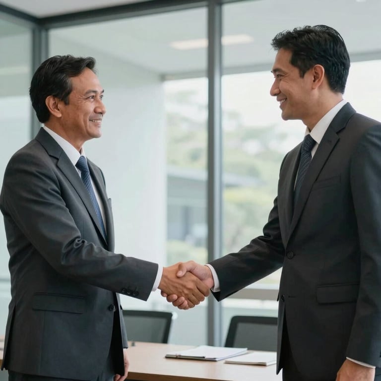 Two Southeast Asian / Indonesian business partners shaking hands in a bright, glass-walled meeting room, symbolizing financial trust.