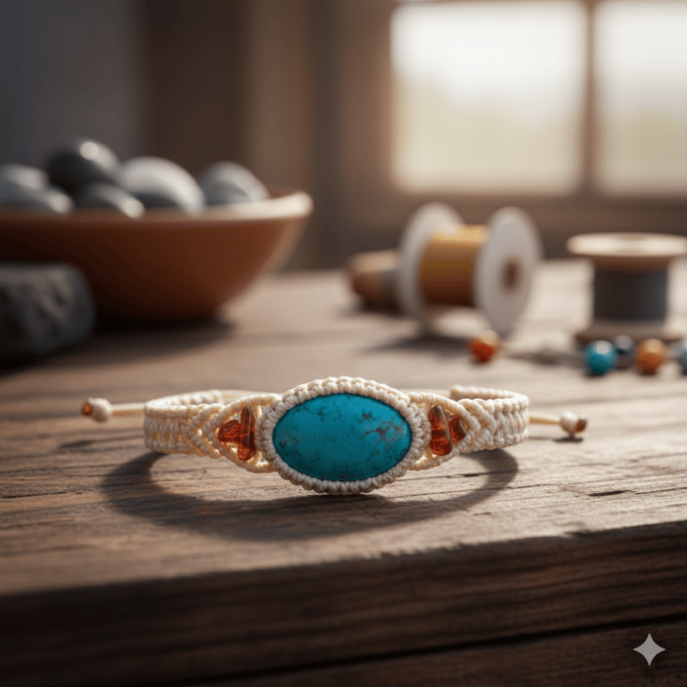 Pulsera hecha con técnica de macramé con piedra azul al centro.