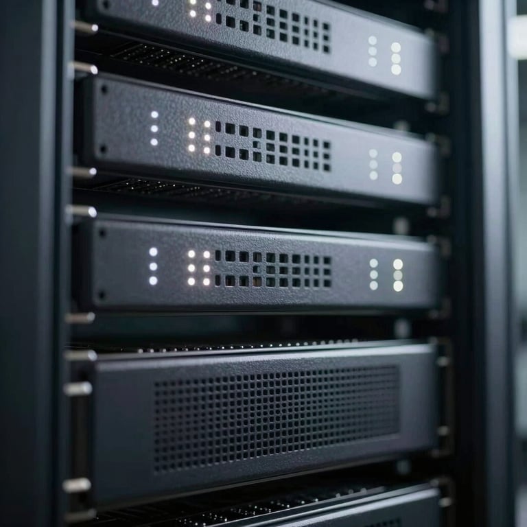 Close-up of high-tech server rack hardware with subtle silver LED indicators, conveying innovation and advanced AI technology.