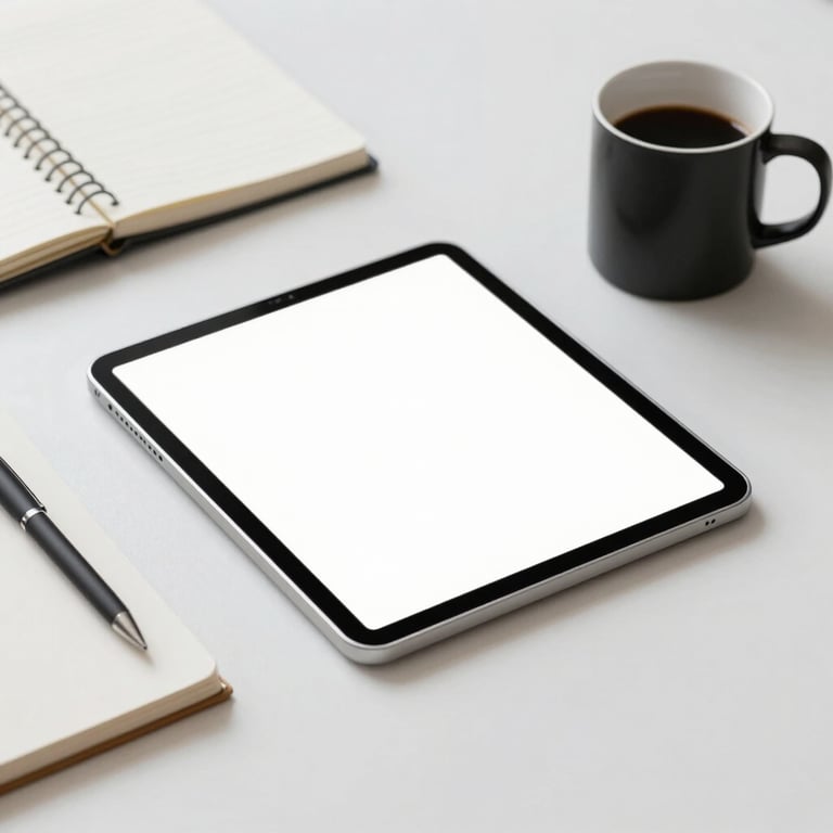 A clean, birds-eye view of a modern desk with a silver tablet, a black coffee mug, and a notebook, suggesting professional efficiency and high-end design.