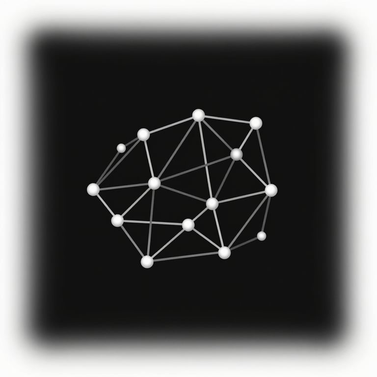 A minimalist graphic of interconnected nodes forming a digital map, rendered in silver and white over a deep black field.
