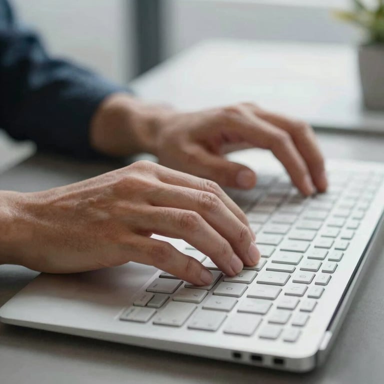 A professional shot of a digital marketer's hands typing on a sleek, silver keyboard in a clean, high-end environment.