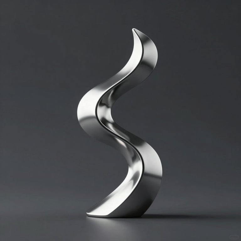 A sleek, metallic abstract sculpture representing data flow, polished silver finish, set against a dark charcoal #1A1A1A background, high-end studio lighting.