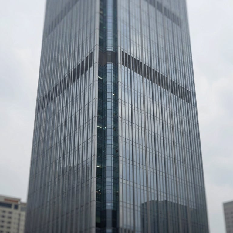 An architectural shot of a modern skyscraper reflecting the silver and grey tones of the sky, symbolizing the agency's premium market position.
