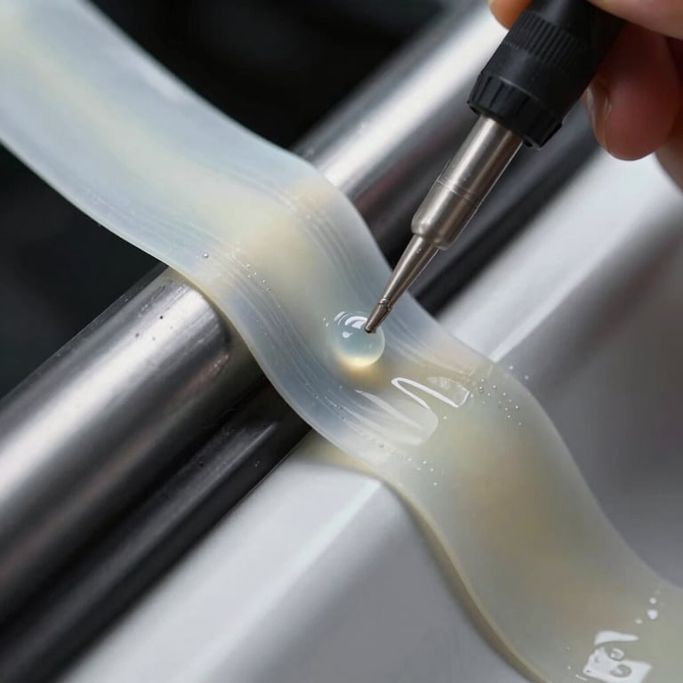 Macro shot of high-quality glass adhesive being applied in a smooth, consistent bead around a vehicle frame.