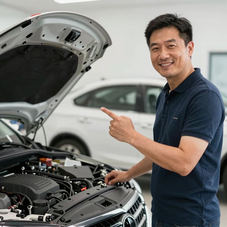 A satisfied customer in a professional casual outfit giving a nod of approval next to their repaired vehicle.