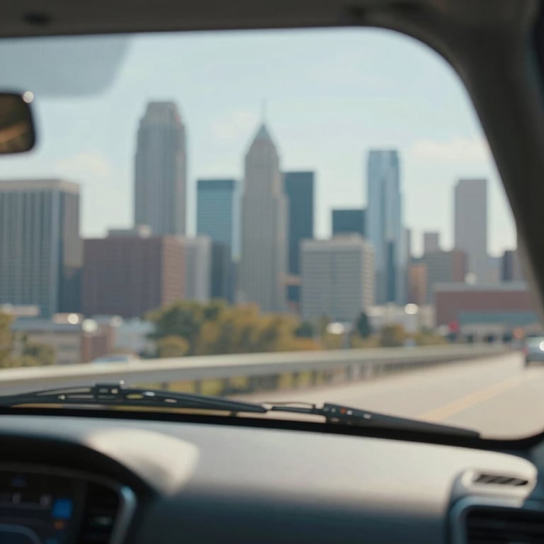 An interior view through a perfectly clear, newly installed windshield, showing a blurred North American city skyline.