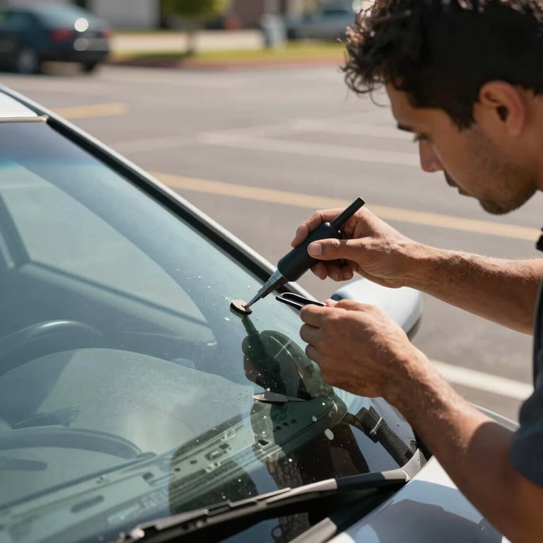 A technician repairing a small stone chip on a windshield using specialized equipment in a sunlit North American parking lot.