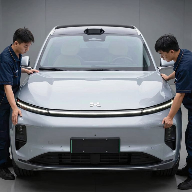 Two technicians carefully lowering a large, pristine windshield onto a modern SUV with precision and care.