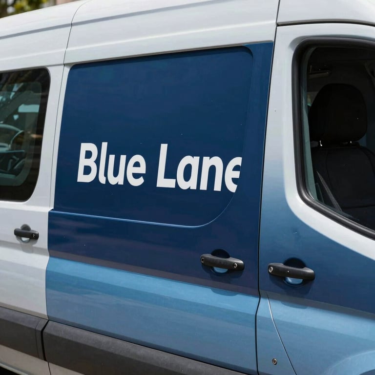 A close-up of the Blue Lane service van's side door, featuring professional branding in dark blue and light blue.
