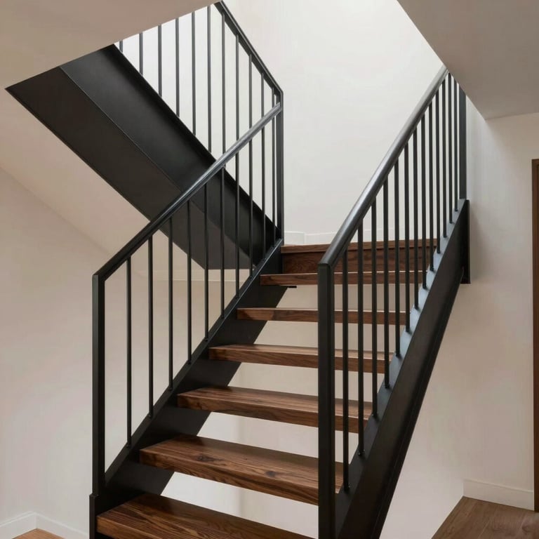 An architectural shot of a modern staircase made of dark wood and black steel, clean lines, North American / US interior.