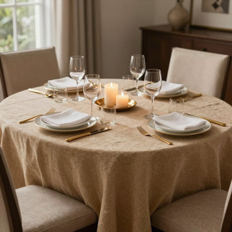 A sophisticated dining table set for two with tan linens and gold accents, warm candlelight, North American / US home.