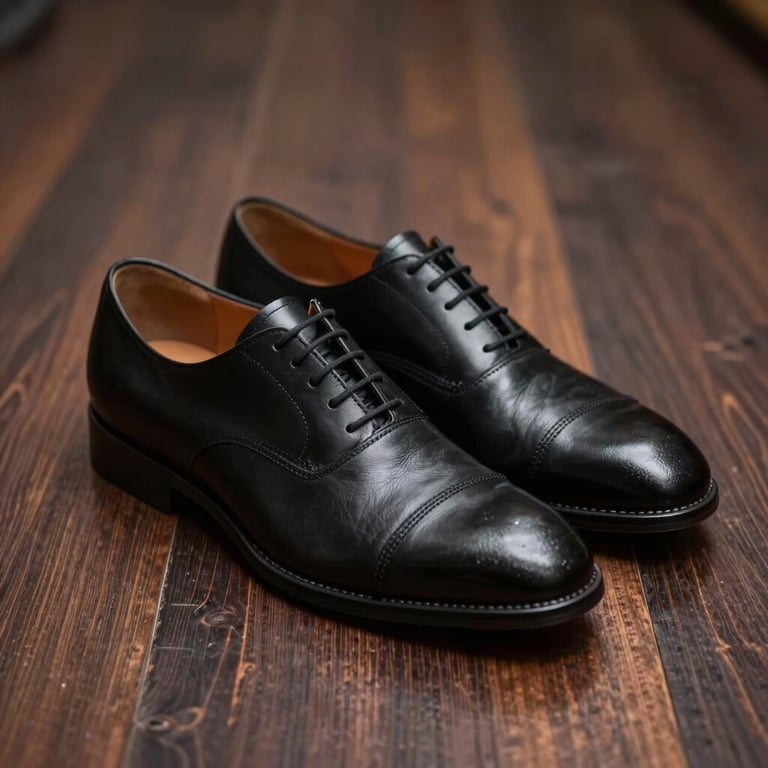 A pair of high-quality black leather shoes on a polished dark wood floor, soft focus, sophisticated atmosphere.