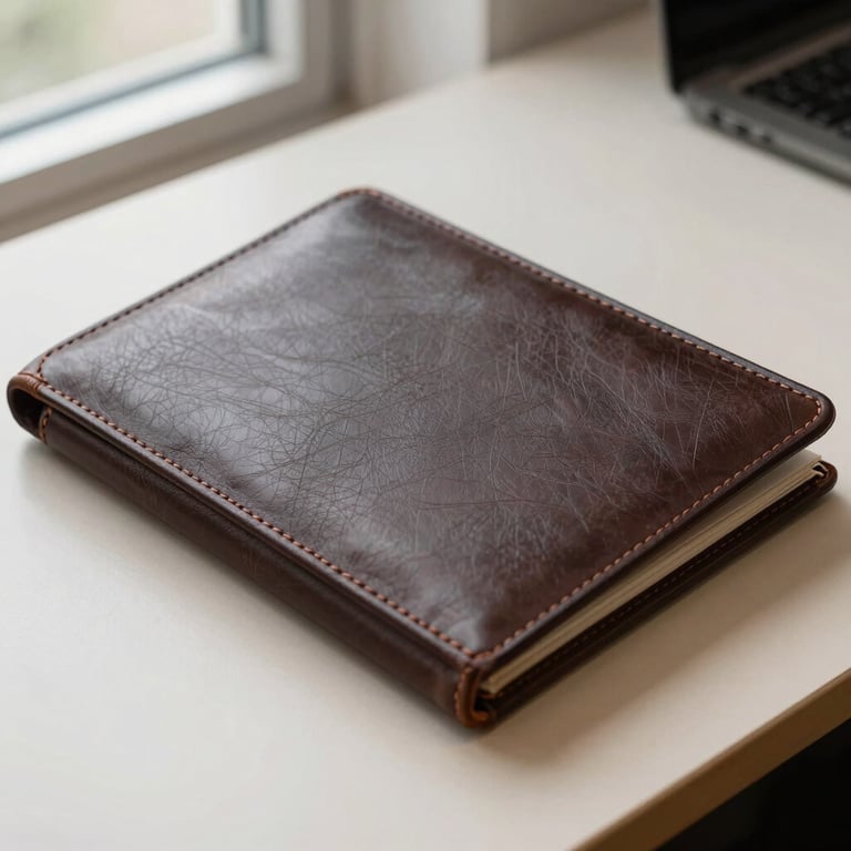 Close-up of a high-end dark brown leather portfolio on a beige desk, natural window light, North American / US office setting.
