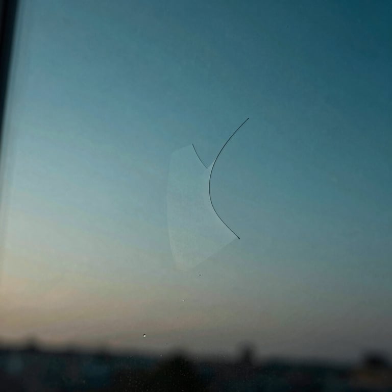 A macro shot of a perfectly repaired glass surface reflecting a deep teal and light blue sunset.