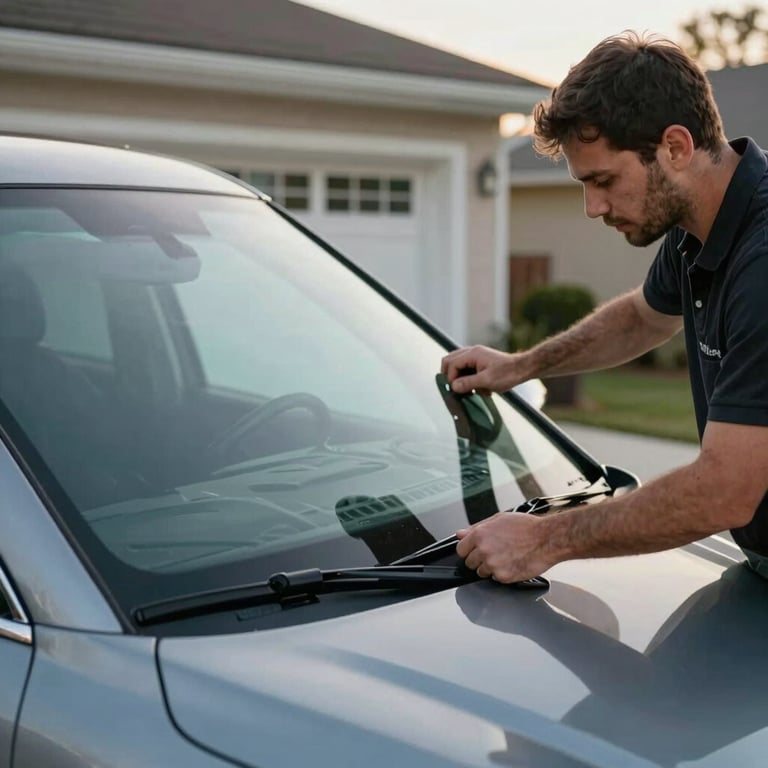 A technician carefully placing a new windshield on a luxury SUV in a North American driveway.