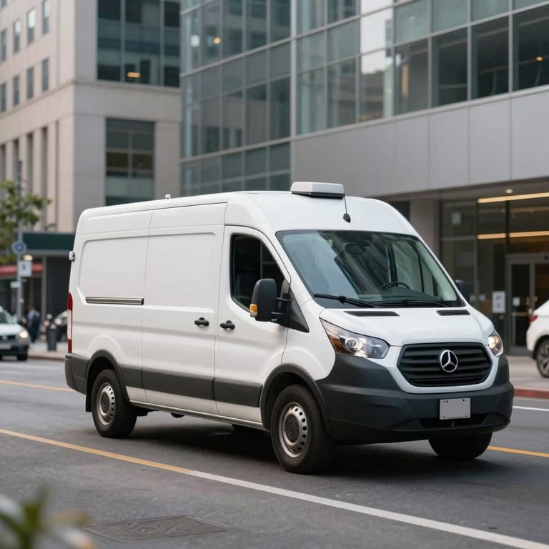 A bright and clean mobile service van driving through a modern North American city center.