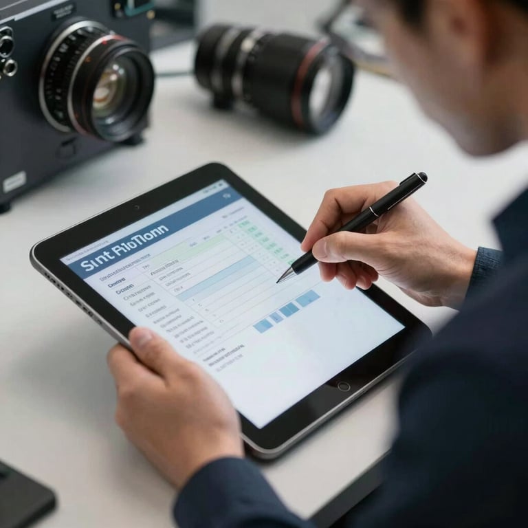 A technician using a digital tablet to finalize a service report for a customer.